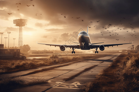 在飞行中鸟机场飞机在跑道起飞场景设计图片