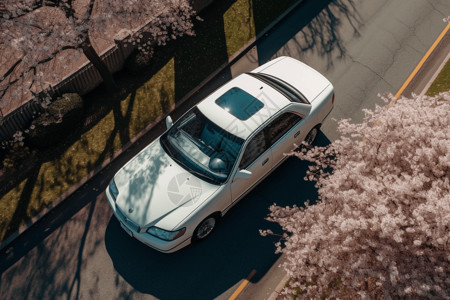 珍珠白汽车春花树下的汽车背景