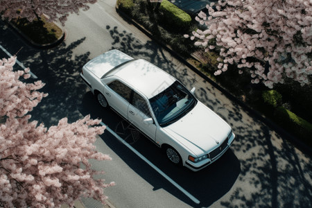 珍珠白汽车被春花环绕的城市背景