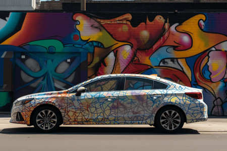 轿车停在艺术壁画前背景图片