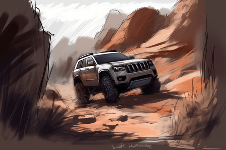 岩石沙漠中的汽车背景图片