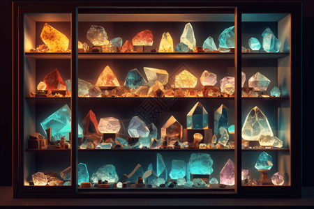 水晶盒玻璃盒中陈列的稀有矿物设计图片