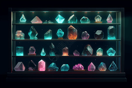 水晶盒陈列的稀有宝石和矿物设计图片