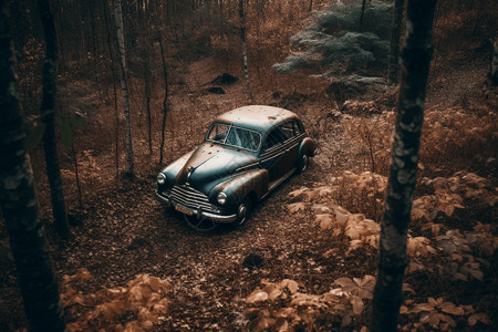 森林中行驶的汽车图片