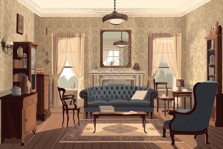 古典室内家居客厅3D插图图片