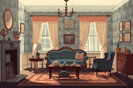 古典室内家居客厅插图背景图片