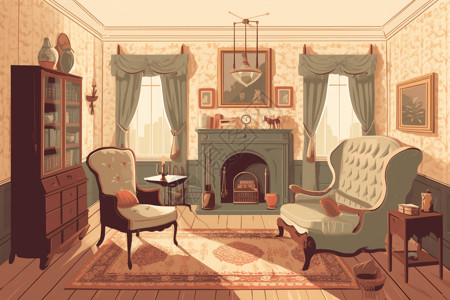 客厅古典沙发古典室内家居客厅创意插图插画