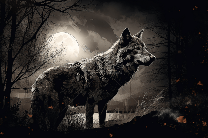 月夜森林里的狼图片