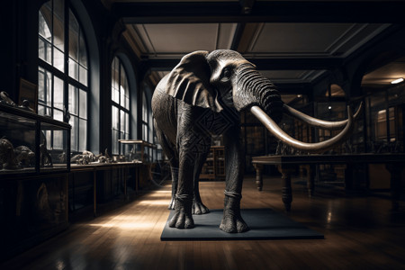 博物馆陈列着的大象骨架高清图片