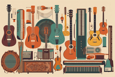 不同文化时期乐器的平面插图背景图片