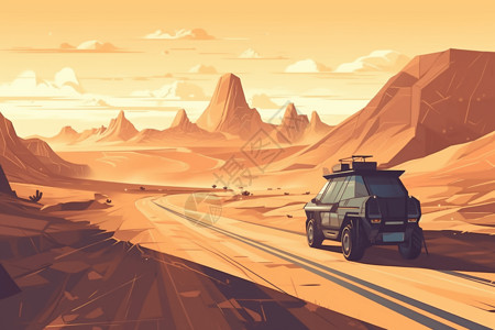沙漠道路上汽车图片