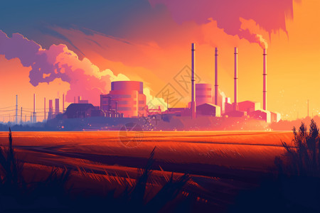 生物质夕阳下的发电厂插画