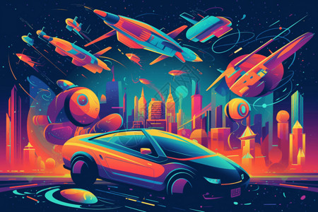 火箭船未来派交通展览创意插图插画