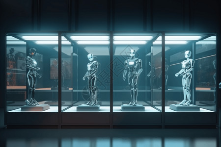 玻璃展柜机器人展览平面插画设计图片