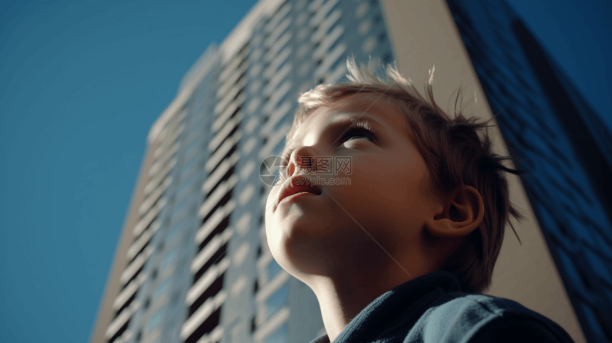 小男孩抬头看着一座高楼图片