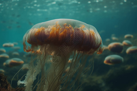 世界海洋日水母在大海里飘浮的水母背景