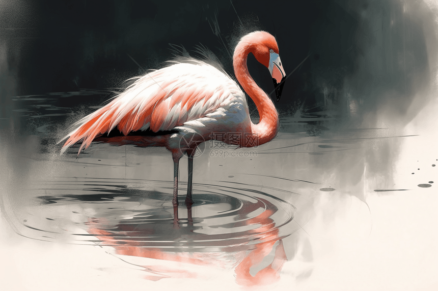 站在浅水湿地里的火烈鸟图片