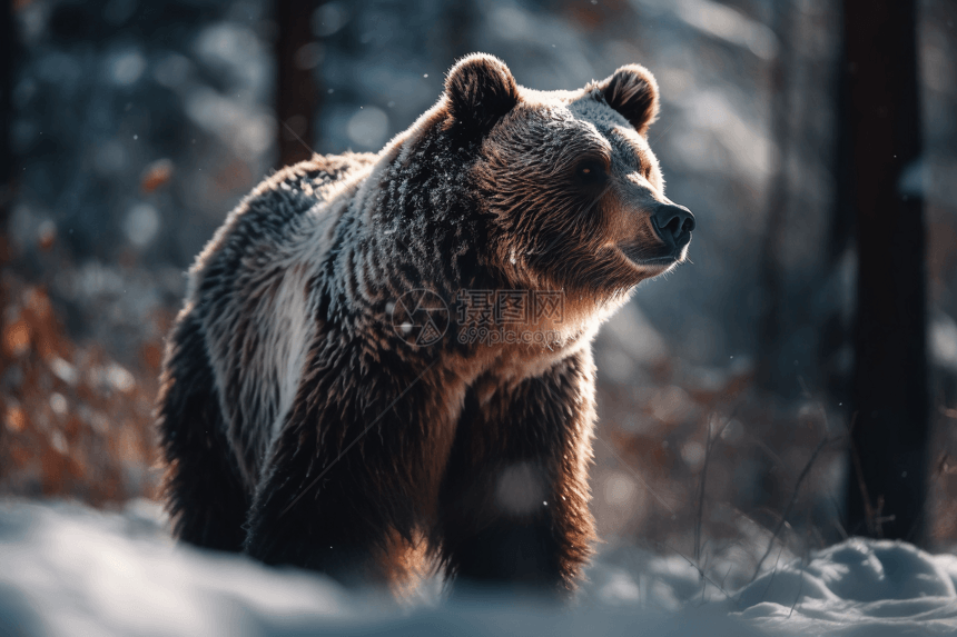 白雪覆盖的森林中觅食的熊图片
