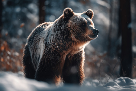 熊觅食白雪覆盖的森林中觅食的熊背景