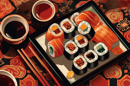 烤三文鱼拼盘带有酱油的寿司拼盘插画