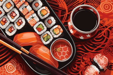 寿司和生鱼片彩色的寿司拼盘插画