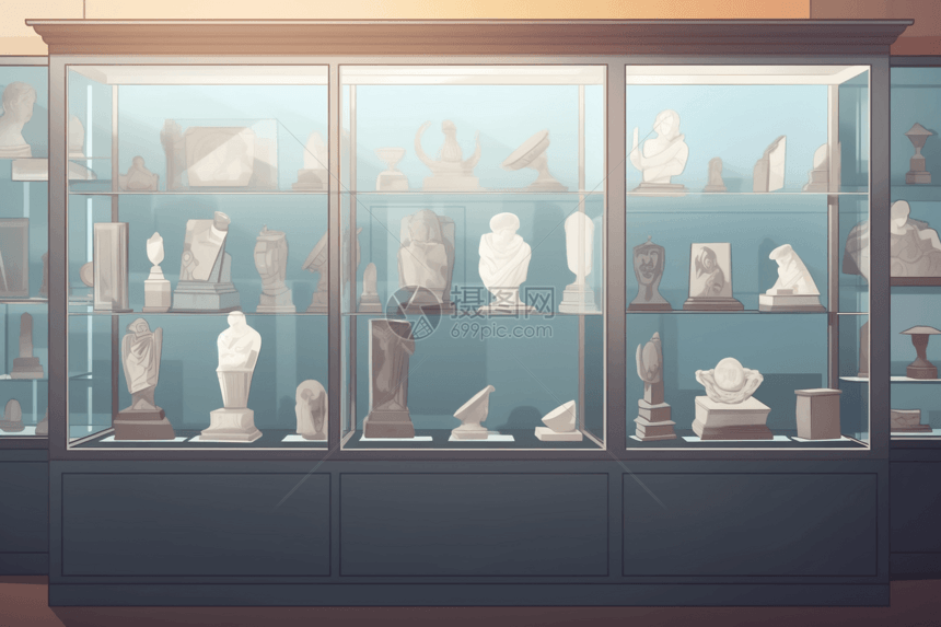 玻璃柜内展示博物馆文物平面插图图片