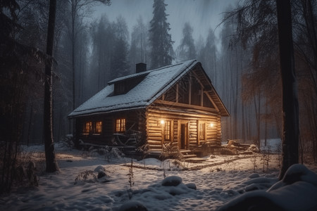 雪林中舒适的小木屋图片
