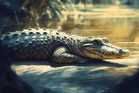 晒太阳的鳄鱼鳄鱼趴在岸边晒太阳背景