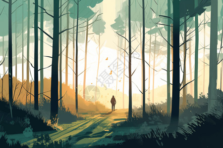 少女峰地区穿过森林的人插画