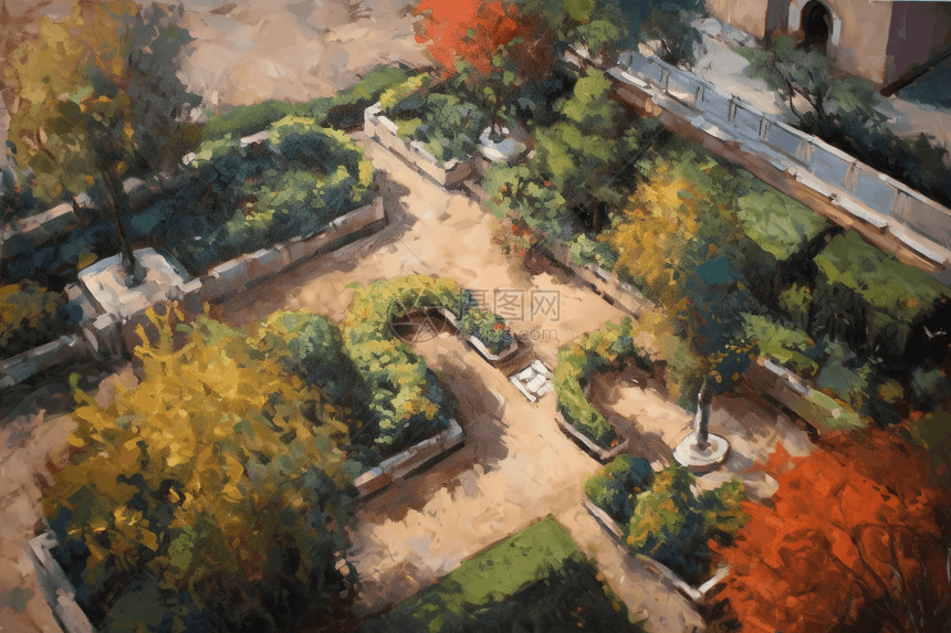 别墅景观园林油画3D插图图片