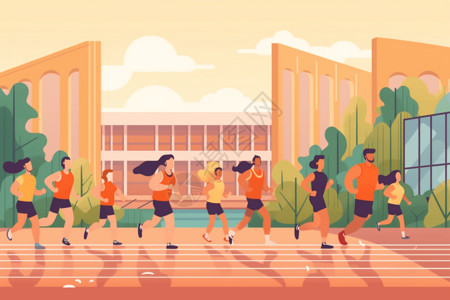 学生操场跑步的平面插图背景图片