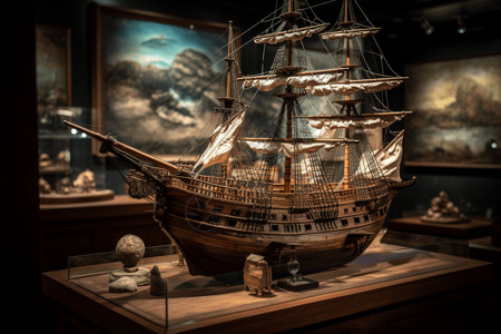 博物馆中的模型船背景图片