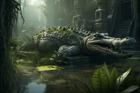 卧在沼泽里的鳄鱼图片