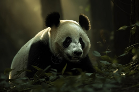 憨态可掬的熊猫在竹林里吃竹子图片