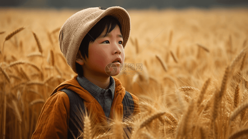 中国小男孩站在金色的麦田里图片