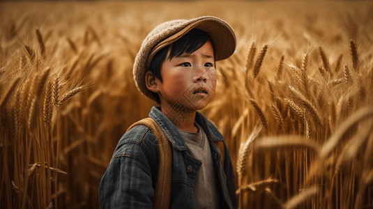一个中国小男孩站在麦田里图片