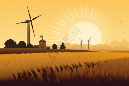 农业领域的风力涡轮机插画