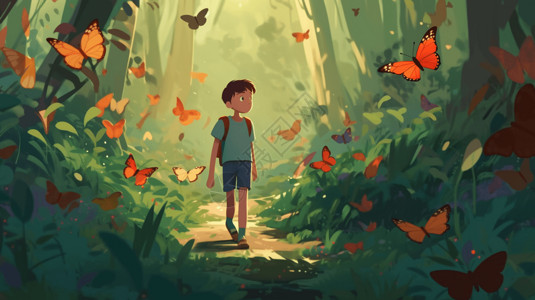 一个小男孩在森林中徘徊卡通插图背景图片