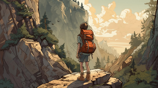 山地徒步男孩爬上陡峭的山路卡通插图插画