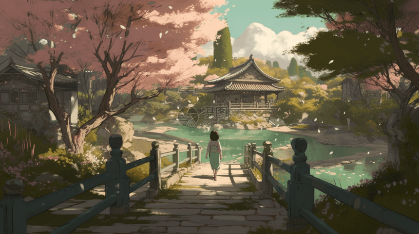 一个女孩走过美丽的日式花园卡通插图图片
