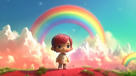 彩虹下的红发小姑娘卡通插图高清图片