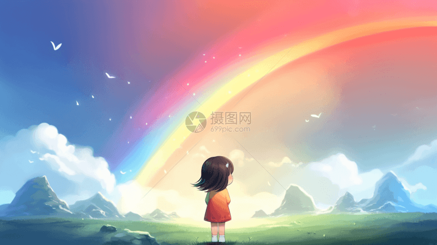 彩虹下的小姑娘卡通插图图片