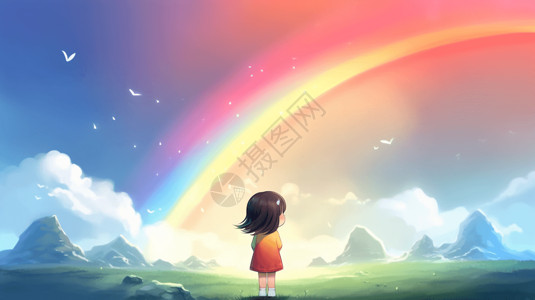 彩虹下的小姑娘卡通插图高清图片