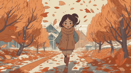 一个中国小女孩踩在落叶上卡通插图图片