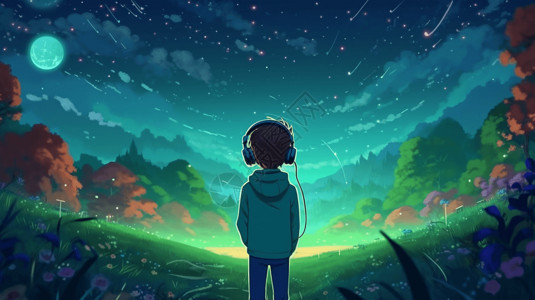 抬头看天空戴着耳机的男孩抬头看星星卡通插图插画