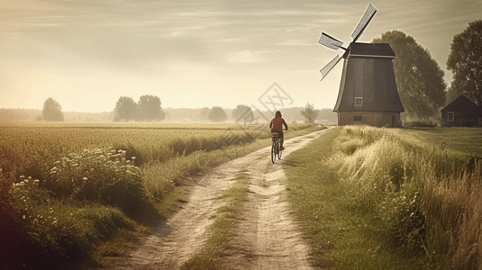 男孩在乡村道路上骑自行车卡通插图背景图片