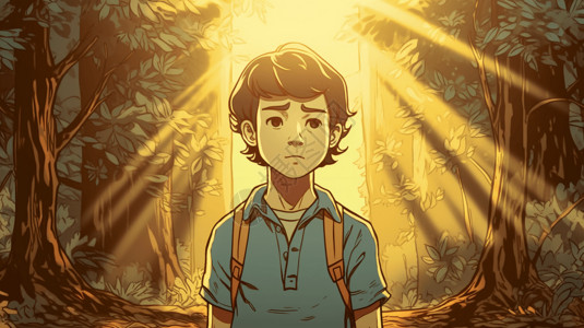 男孩站在森林空地上卡通插图图片
