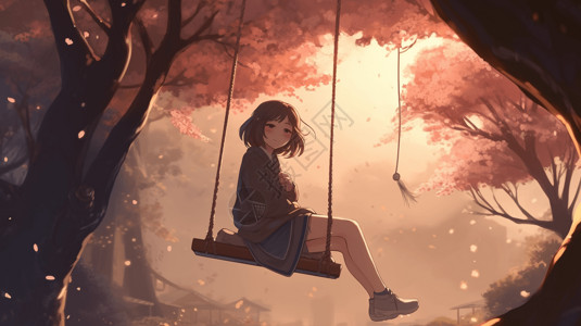 一个动漫女孩坐在樱花树上悬挂的秋千上图片