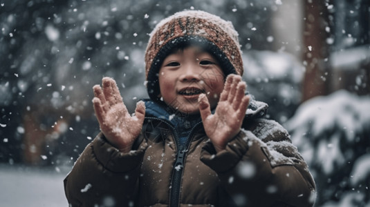 在雪地里打雪仗的中国小男孩背景图片