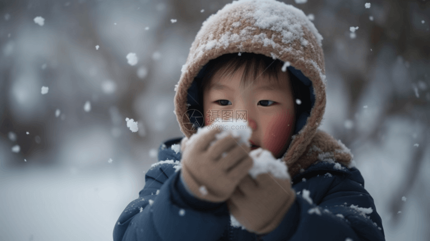 一个中国小男孩在雪地里打雪仗图片